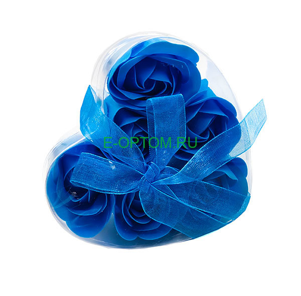 Мыльные  синие розы в коробке в форме сердца 6 штук