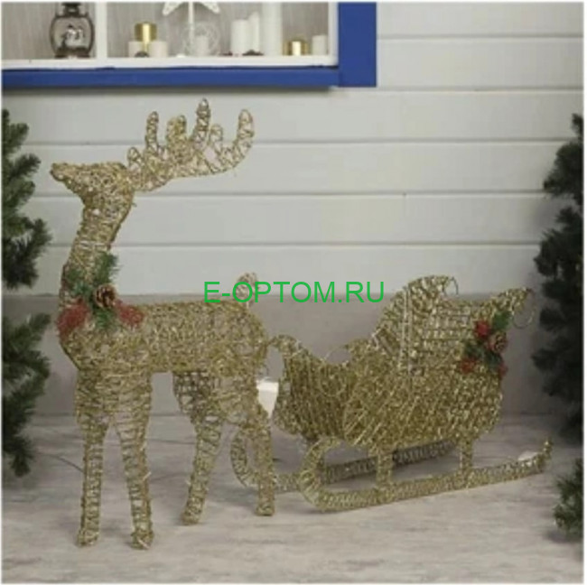 Украшение новогоднее "Светящийся светодиодный олень с санями" (Золотой) Украшение новогоднее "Светящийся светодиодный олень с санями" (Золотой)