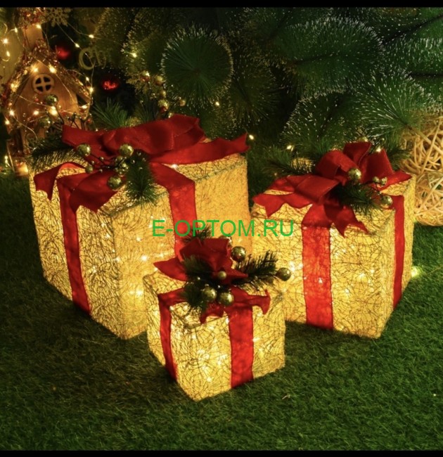 Украшение новогоднее "Светящийся декоративный набор коробочек" (Золотые)
