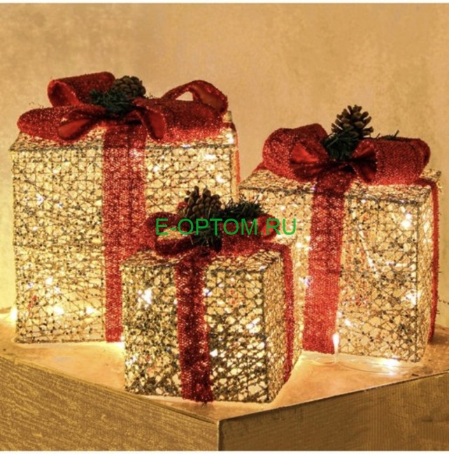 Украшение новогоднее "Светящийся декоративный набор коробочек" (Золотые)
