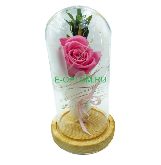 Розовая роза в стеклянной колбе с подсветкой 18 см