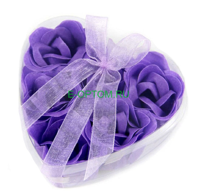 Мыльные фиолетовые розы в коробке в форме сердца 6 штук