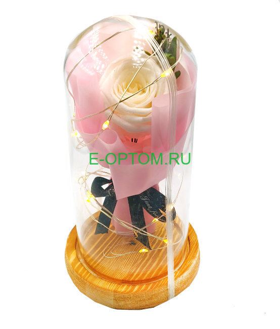 Роза белая в стеклянной колбе с подсветкой 18 см