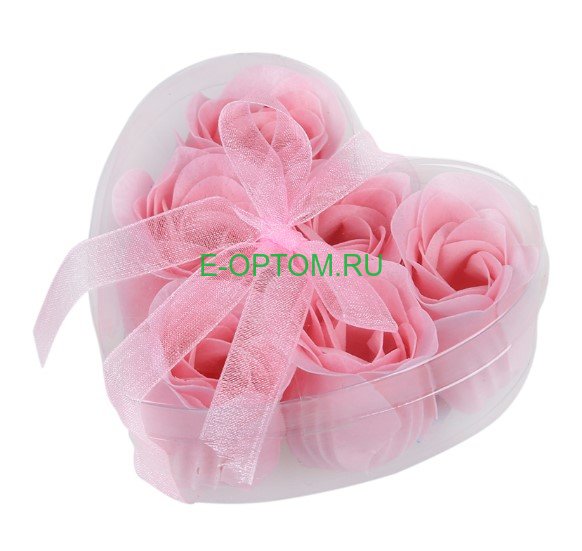 Мыльные розовые розы в коробке в форме сердца 6 штук