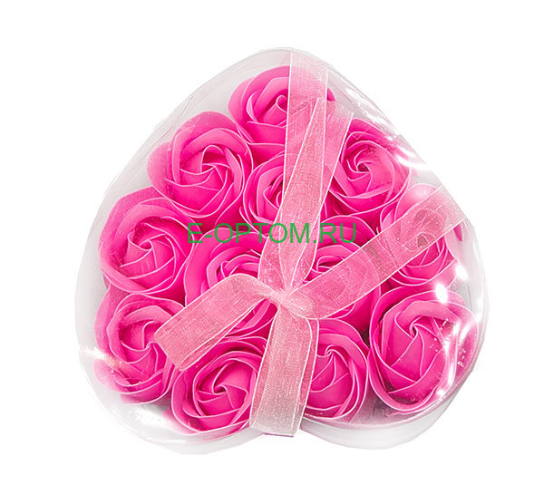 Мыльные розовые розы в коробке в форме сердца 12 штук