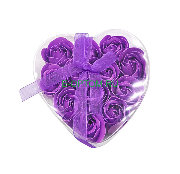 Мыльные фиолетовые розы в коробке в форме сердца 12 штук