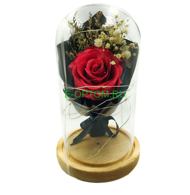 Роза красная в стеклянной колбе с подсветкой 22 см
