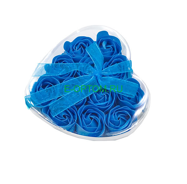 Мыльные синие розы в коробке в форме сердца 12 штук