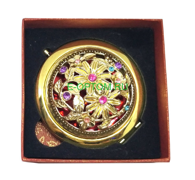 Зеркало компактное, золотистое, с камнями в подарочной коробке